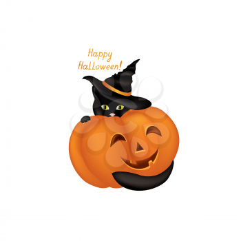 Cat in hat. Black cat looking at camera in Halloween hat. Funny holiday cartoon for greeting card