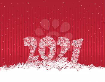 Happy New Year red festive curtain background and snow. Winter holiday greeting card design with snowfall. Happy Winter Holiday Wallpaper. Greeting Card with Lettering 2021 done from snowflakes