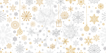 Christmas seamless pattern with snow winter motifs. Snowflakes and circles ornaments. Holiday icons and noel decor. Beautiful lacy crystal xmas white winter background
