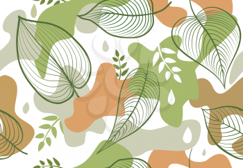 Seamless pattern with organic shape blots in memphis style. Stylish floral painted wallpaper with leaves. Summer nature tile background