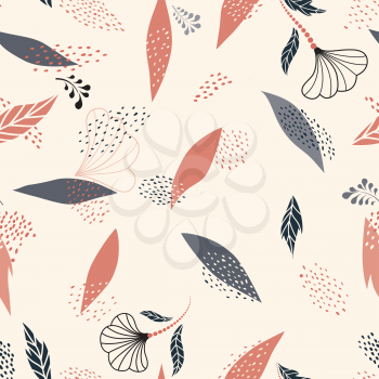 Floral dotted seamless pattern with autumnal leaves and flowers. Fall nature ornamental drawn texture. Flourish garden abstract backdrop with chaotic dots. Hand drawn dotted background for fabric, gift wrap, wall art design
