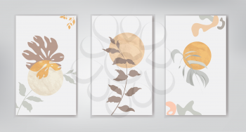 Floral leaves background set. Artistic wall art set. Tropical Foliage line artistic drawing with abstract leaves shapes. Abstract garden plant design for print, cover, wallpape. Natural minimal print art illustration