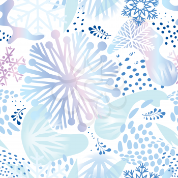 Snow seamless pattern. Abstract floral winter pattern with dots and snowflakes. Seasonal drawn texture. Winter holiday backdrop. Artistic stylish tiled background from Christmas collection.