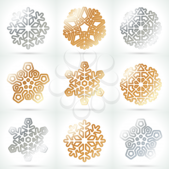Snowflake template set. Gold and silver snowflake icon. Abstract winter symbol. Decorative element for brochure, flyer, greeting card. Vector illustration.