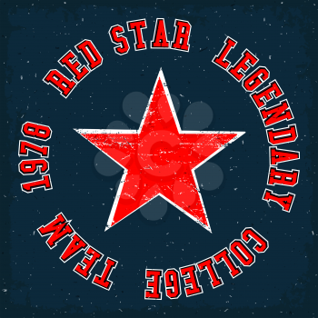 Red star vintage. T-shirt print design. Red star legendary college team. Vector illustration.