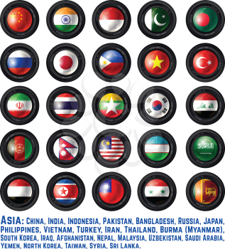 Set of Camera Lens with Asian Flags. Part One. Vector design.