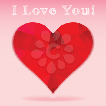 Red polygonal heart on the pink background. I love you.