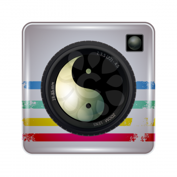 Retro Photo Camera with Yin Yang symbol. Vector illustration.