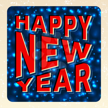 Happy New Year 3d inscription. Blue background with abstract snowflakes. Vector illustration.