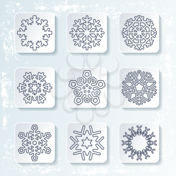 Set of 9 various snowflakes winter icons. Thin line design. Rime background. Vector illustration.