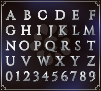 Silver alphabet set. Alphabetic font and numbers. Latin alphabet letters. Blue background. Vector letter design illustration.