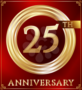 Anniversary gold ring logo number 25. Anniversary card. Red background. Vector illustration.