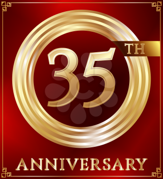 Anniversary gold ring logo number 35. Anniversary card. Red background. Vector illustration.