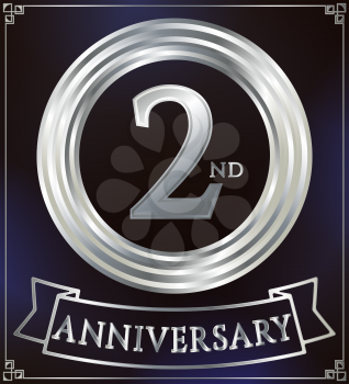 Anniversary silver ring logo number 2. Anniversary card with ribbon. Blue background. Vector illustration.