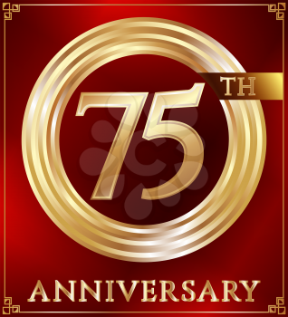 Anniversary gold ring logo number 75. Anniversary card. Red background. Vector illustration.