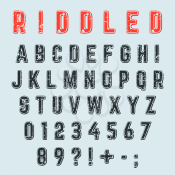 Riddled alphabet font. Letters, numbers and punctuation marks grunge design. Vector illustration.