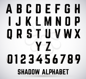 Alphabet shadow font set. Typeface with shadow. Letters and numbers. Vector illustration.