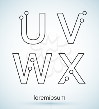 Connection dots font. Set of letters U, V, W, X logo or icon vector design