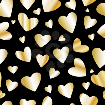 Golden foil heart seamless pattern on black background. Gold hearts designed for greeting card, Valentines day brochure or flyer . Vector illustration.