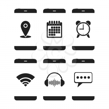 Smartphones with various app icons isolated on white background. Vector illustration.