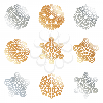 Golden and silver Christmas snowflakes isolated on white background. Design element for cover, greeting card, brochure or flyer. Vector illustration.