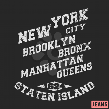 T-shirt print design. New York City vintage stamp. Printing and badge, applique, label for t-shirts, jeans, casual wear. Vector illustration.