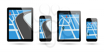 Smartphone and PC tablet map location. Electronic gadget screen with gps navigation, pin pointer and way road. Vector illustration.