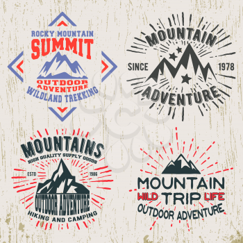 T-shirt print design. Set of mountain outdoor adventure vintage stamp. Printing and badge applique label t-shirts, jeans, casual wear. Vector illustration.