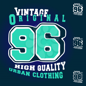 Number 96 vintage t shirt print stamp. Design for printing products, badge, applique, t-shirt stamp, clothing label, jeans and casual wear. Vector illustration.