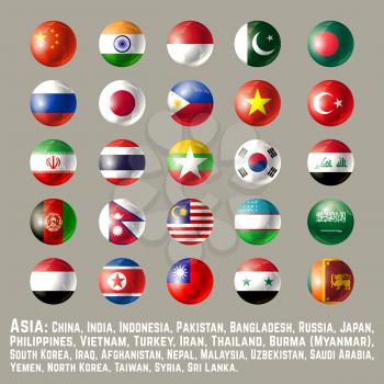Asia flags - part 1. Glossy round button flag set. Vector illustration.