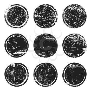 Black grunge texture circles isolated on white background. Set of blank post stamp, banner, logo, badge and label template. Vector illustration.