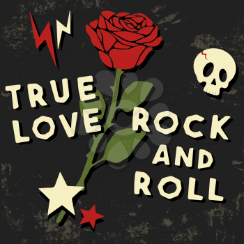 True love t shirt print. Rock slogan with rose designed for printing products, badge, applique, t-shirt stamp, clothing label, jeans, casual wear or wall decor. Vector illustration.