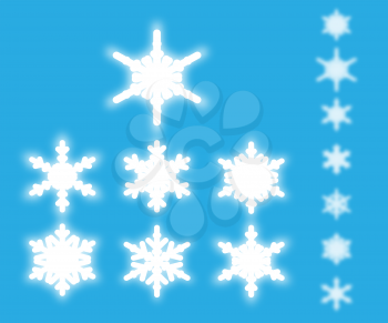 Snowflakes isolated set. White neon light snow flakes design for greeting card, cover brochure or party flyer. Vector illustration.