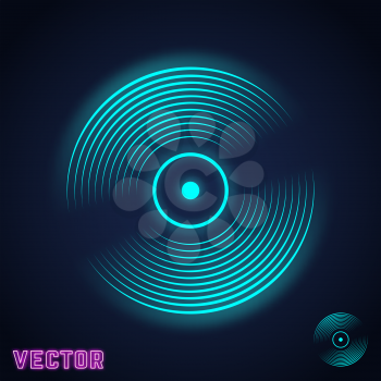 Vinyl record icon. Vintage music plate neon light design. Vector illustration.