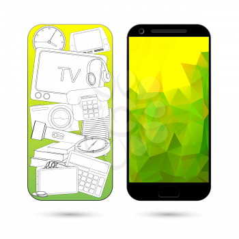 Smartphone with colorful polygonal screen. Mobile phone with icons of various content. Vector illustration.
