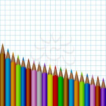 Back to school background. Colored pencils on a notebook sheet. Design cover for printing products, flyer, brochure, card. Vector illustration.