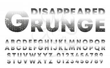 Disappeared design alphabet template. Letters and numbers with grunge texture. Vector illustration.