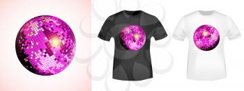 Mirror disco ball t-shirt print stamp for tee, t shirts applique, fashion, badge, label retro clothing, jeans, and casual wear. Vector illustration.