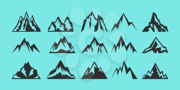 Set of rocks and mountains silhouettes for logo, icons, badges, and labels. Camping, climbing, hiking, travel and outdoor recreation sign, symbol. Vector illustration.