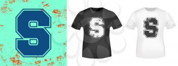 Letter S retro t-shirt print stamp for tee, t shirts applique, vintage fashion, badge, label clothing, jeans, and casual wear. Vector illustration.