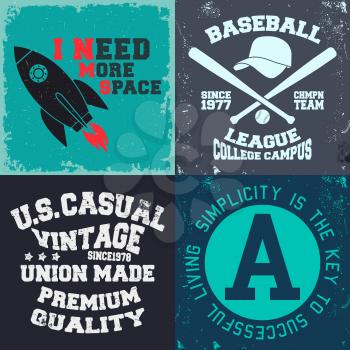 Set of vintage design print for t-shirt stamp, tee applique, fashion typography, badge, label clothing, jeans, and casual wear. Vector illustration.