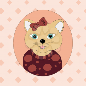A cat with a brown bow. Print for children's clothing, books, postcards