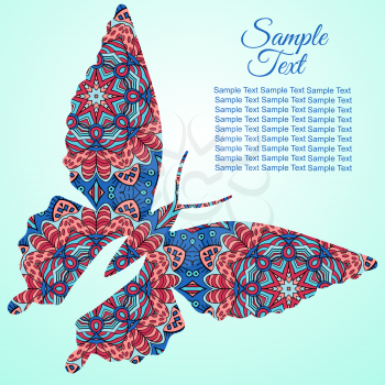 Doodle butterfly. Zentangl drawing. Holiday card. Tenderness of spring. Red and blue colors