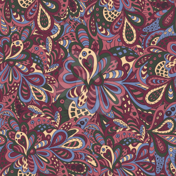 Doodle floral seamless pattern burgundy and green tones