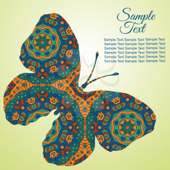 Doodle Zentangl drawing. Holiday card butterfly. Tenderness of spring. Blue and brown colors