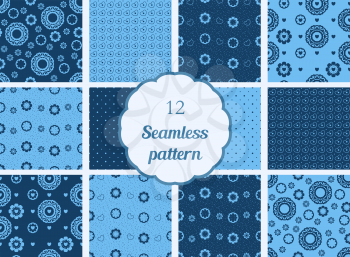 Flowers, hearts, circles. Set of seamless patterns in dark blue and blue colors. The patterns for textiles, scrapbooking and other creative