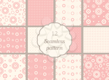 Flowers, hearts, circles. Set of seamless patterns in soft cream and pink colors. The patterns for textiles, scrapbooking and other creative