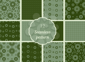 Flowers, hearts, circles. Set of seamless patterns in soft shades of green. The patterns for textiles, scrapbooking and other creative