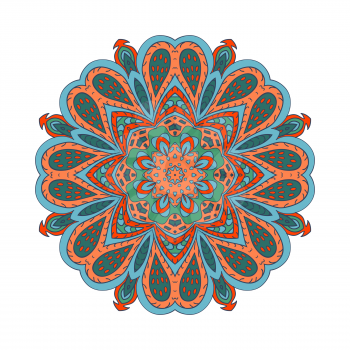 Mandala doodle drawing. Colorful floral round ornament. Ethnic motives. Zentangl Hearts. Green, blue. Flower