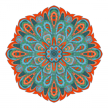 Mandala doodle drawing. Colorful floral round ornament. Ethnic solar Arabic motifs. Zentangle. Green, blue, bright orange color.
